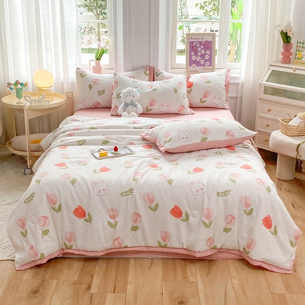 91家纺网 家纺一手货源 找家纺 （总）梦之岛 2023新款A类母婴级双层纱水洗棉麻夏凉被四件套