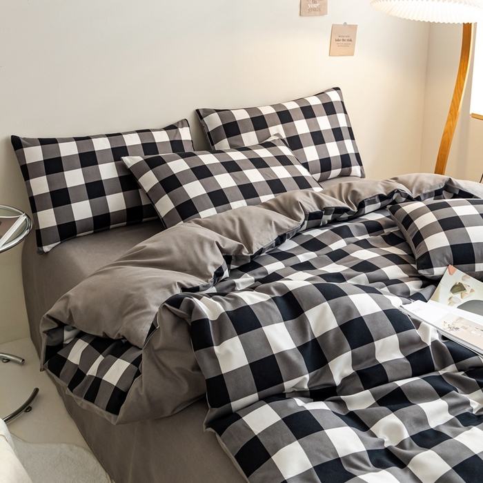 91家纺网 家纺一手货源 找家纺 米瑞娜 2024新款无印风四件套格子条纹水洗棉四件套 黑白中格