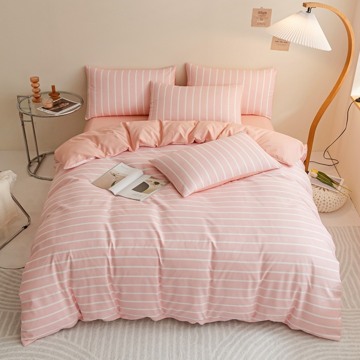 91家纺网 家纺一手货源 找家纺 米瑞娜 2024新款无印风四件套格子条纹水洗棉四件套 粉条纹