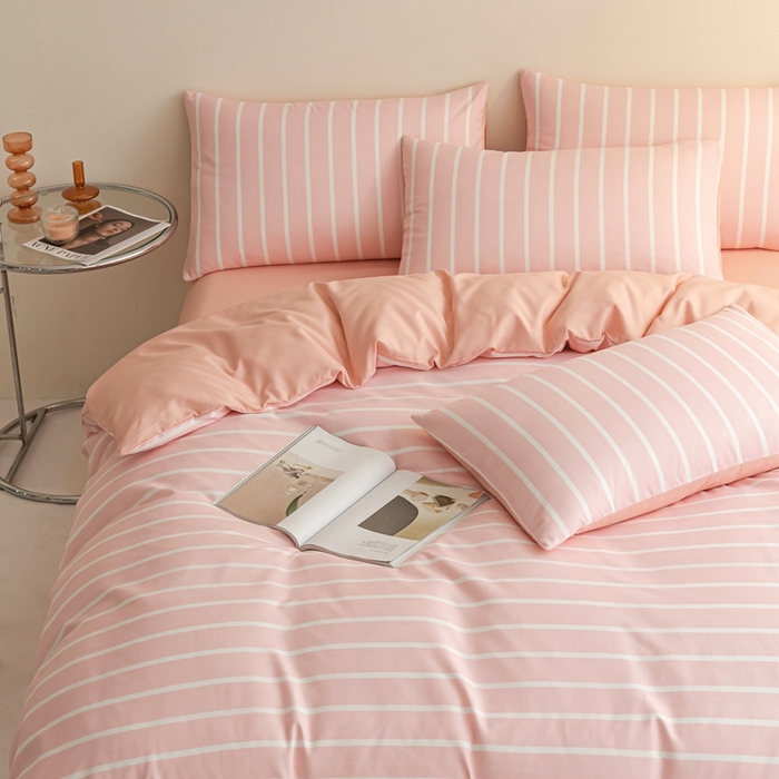 91家纺网 家纺一手货源 找家纺 米瑞娜 2024新款无印风四件套格子条纹水洗棉四件套 粉条纹