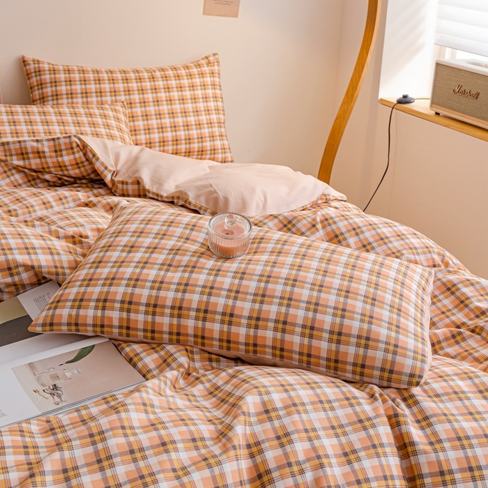 91家纺网 家纺一手货源 找家纺 米瑞娜 2024新款无印风四件套格子条纹水洗棉四件套 简兮-桔