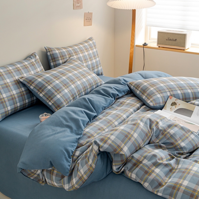 91家纺网 家纺一手货源 找家纺 米瑞娜 2024新款无印风四件套格子条纹水洗棉四件套 简兮-蓝