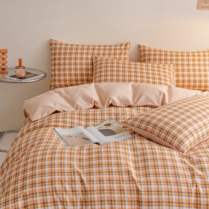 91家纺网 家纺一手货源 找家纺 米瑞娜 2024新款无印风四件套格子条纹水洗棉四件套 简兮-桔