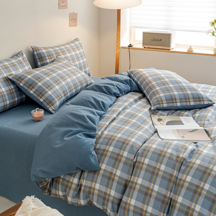 91家纺网 家纺一手货源 找家纺 米瑞娜 2024新款无印风四件套格子条纹水洗棉四件套 简兮-蓝