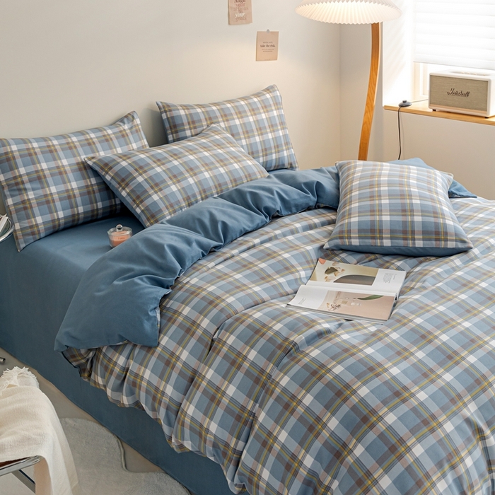 91家纺网 家纺一手货源 找家纺 米瑞娜 2024新款无印风四件套格子条纹水洗棉四件套 简兮-蓝