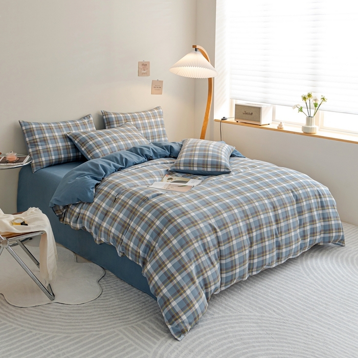 91家纺网 家纺一手货源 找家纺 米瑞娜 2024新款无印风四件套格子条纹水洗棉四件套 简兮-蓝