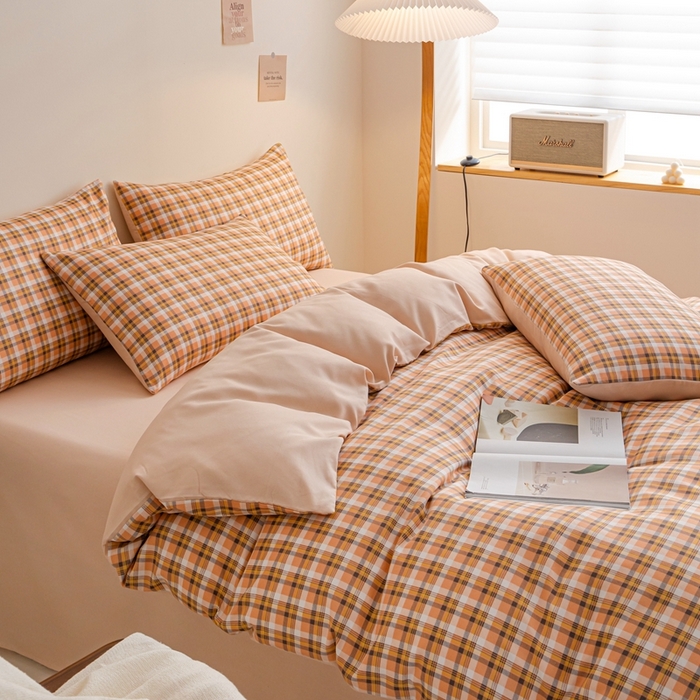 91家纺网 家纺一手货源 找家纺 米瑞娜 2024新款无印风四件套格子条纹水洗棉四件套 简兮-桔