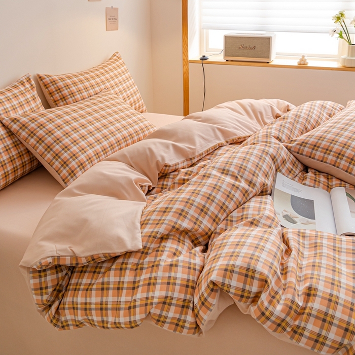 91家纺网 家纺一手货源 找家纺 米瑞娜 2024新款无印风四件套格子条纹水洗棉四件套 简兮-桔