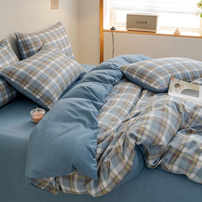 91家纺网 家纺一手货源 找家纺 米瑞娜 2024新款无印风四件套格子条纹水洗棉四件套 简兮-蓝