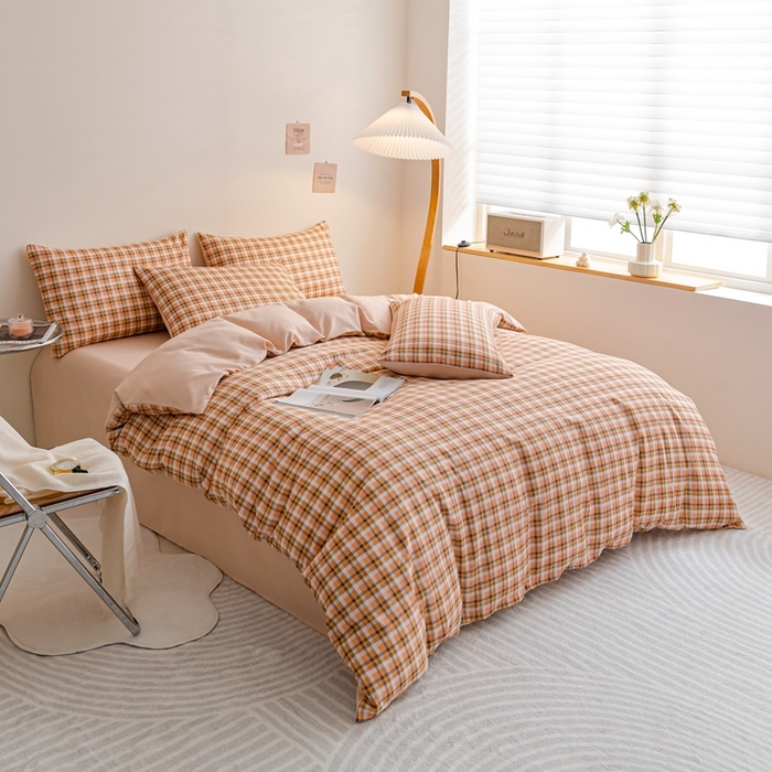 91家纺网 家纺一手货源 找家纺 米瑞娜 2024新款无印风四件套格子条纹水洗棉四件套 简兮-桔