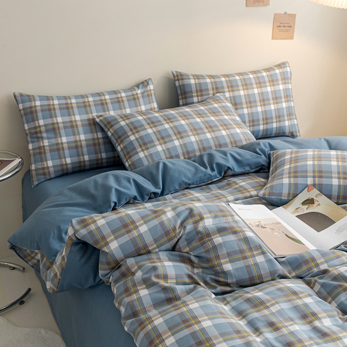 91家纺网 家纺一手货源 找家纺 米瑞娜 2024新款无印风四件套格子条纹水洗棉四件套 简兮-蓝