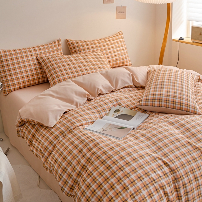 91家纺网 家纺一手货源 找家纺 米瑞娜 2024新款无印风四件套格子条纹水洗棉四件套 简兮-桔