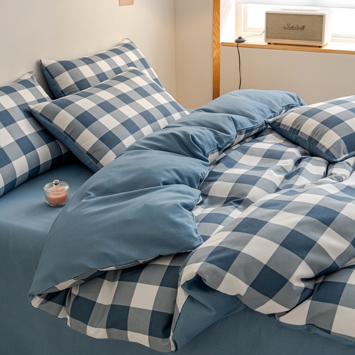 91家纺网 家纺一手货源 找家纺 米瑞娜 2024新款无印风四件套格子条纹水洗棉四件套 蓝白中格