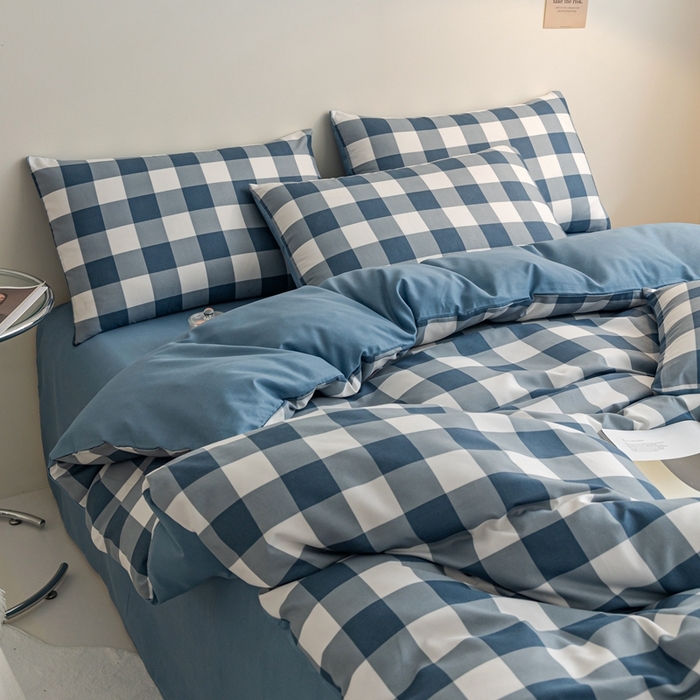 91家纺网 家纺一手货源 找家纺 米瑞娜 2024新款无印风四件套格子条纹水洗棉四件套 蓝白中格