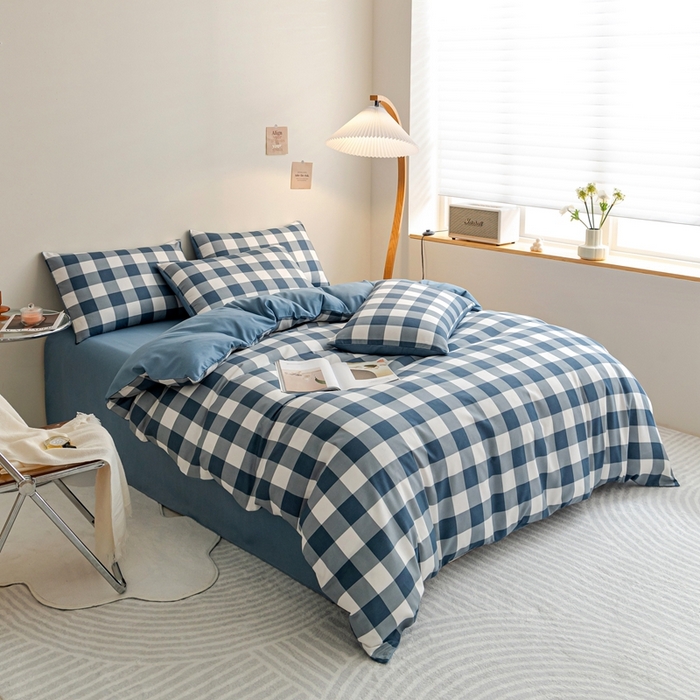 91家纺网 家纺一手货源 找家纺 米瑞娜 2024新款无印风四件套格子条纹水洗棉四件套 蓝白中格