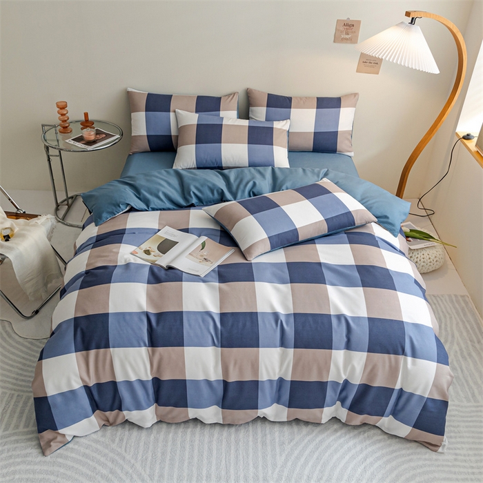 91家纺网 家纺一手货源 找家纺 米瑞娜 2024新款无印风四件套格子条纹水洗棉四件套 蓝大格