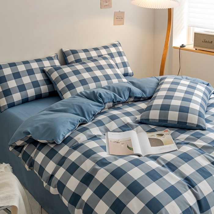91家纺网 家纺一手货源 找家纺 米瑞娜 2024新款无印风四件套格子条纹水洗棉四件套 蓝白中格