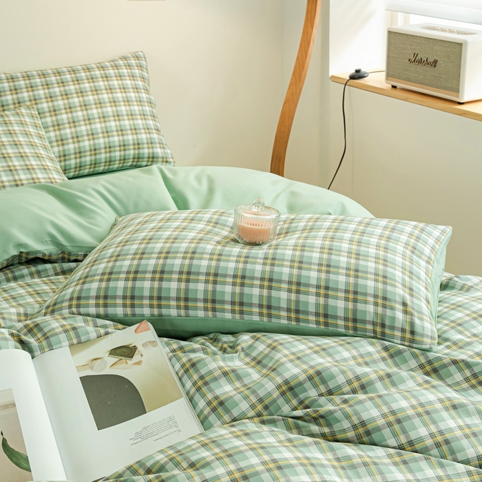 91家纺网 家纺一手货源 找家纺 米瑞娜 2024新款无印风四件套格子条纹水洗棉四件套 简兮-绿