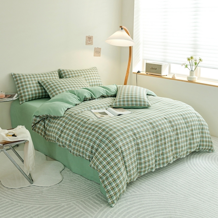 91家纺网 家纺一手货源 找家纺 米瑞娜 2024新款无印风四件套格子条纹水洗棉四件套 简兮-绿