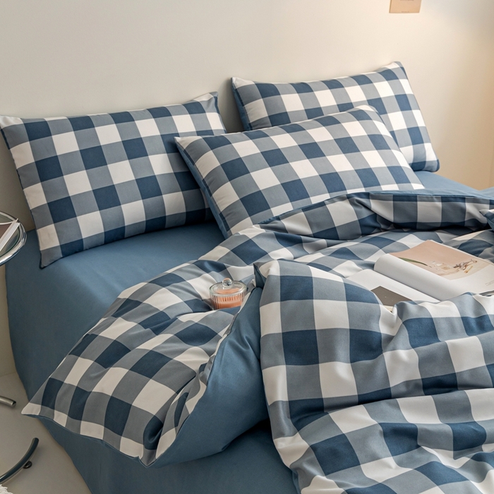 91家纺网 家纺一手货源 找家纺 米瑞娜 2024新款无印风四件套格子条纹水洗棉四件套 蓝白中格