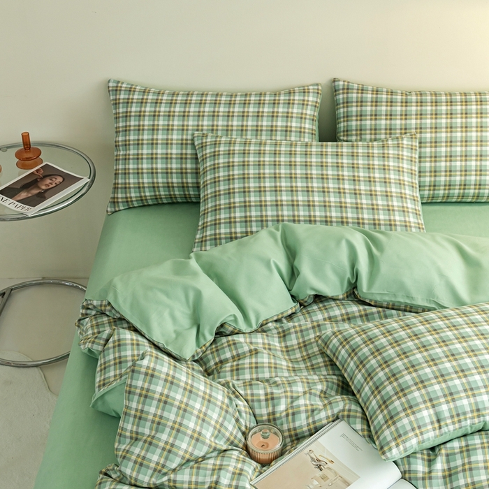 91家纺网 家纺一手货源 找家纺 米瑞娜 2024新款无印风四件套格子条纹水洗棉四件套 简兮-绿