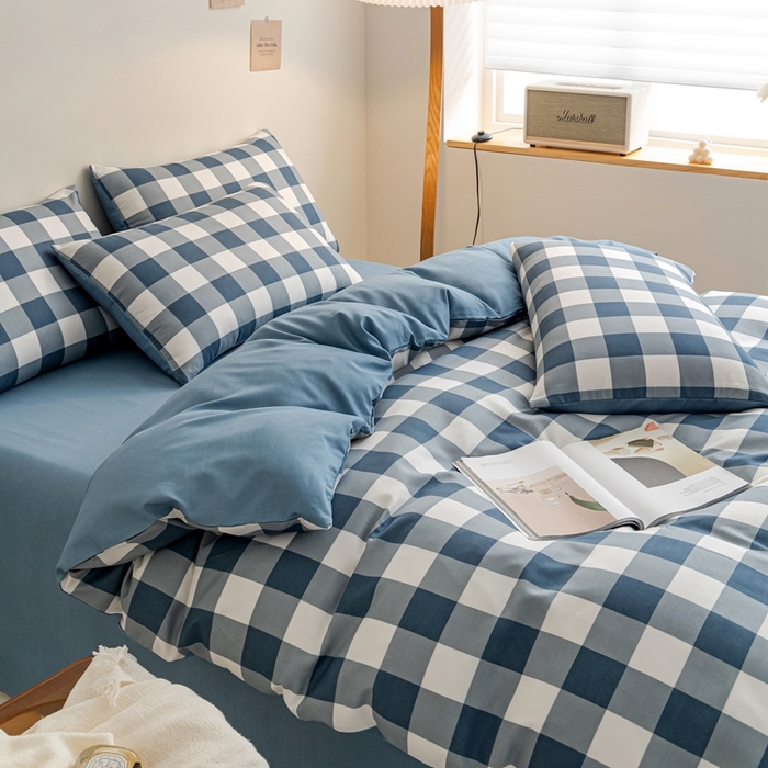 91家纺网 家纺一手货源 找家纺 米瑞娜 2024新款无印风四件套格子条纹水洗棉四件套 蓝白中格
