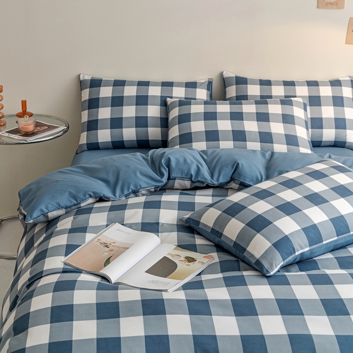 91家纺网 家纺一手货源 找家纺 米瑞娜 2024新款无印风四件套格子条纹水洗棉四件套 蓝白中格