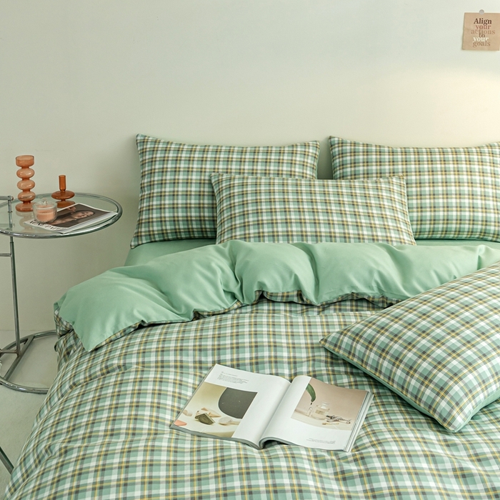 91家纺网 家纺一手货源 找家纺 米瑞娜 2024新款无印风四件套格子条纹水洗棉四件套 简兮-绿