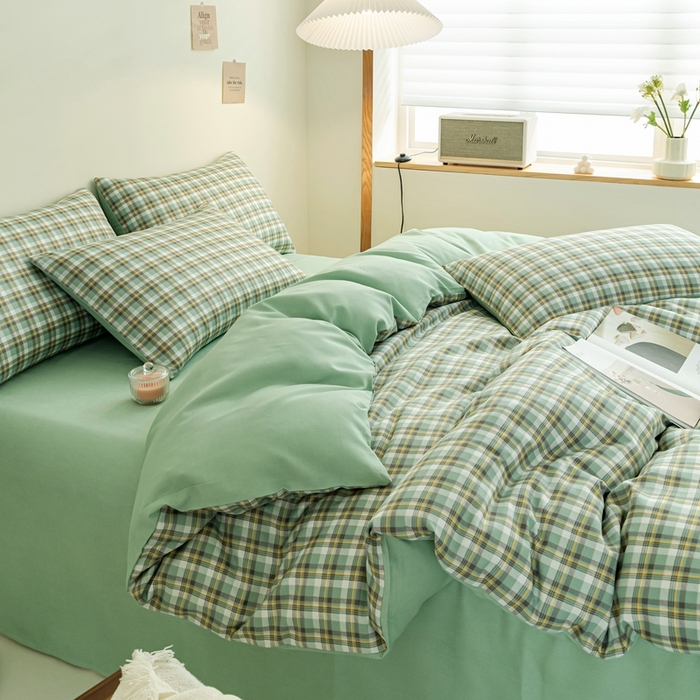 91家纺网 家纺一手货源 找家纺 米瑞娜 2024新款无印风四件套格子条纹水洗棉四件套 简兮-绿