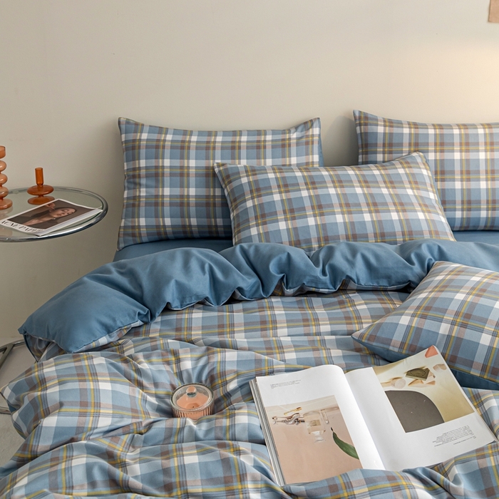 91家纺网 家纺一手货源 找家纺 米瑞娜 2024新款无印风四件套格子条纹水洗棉四件套 简兮-蓝