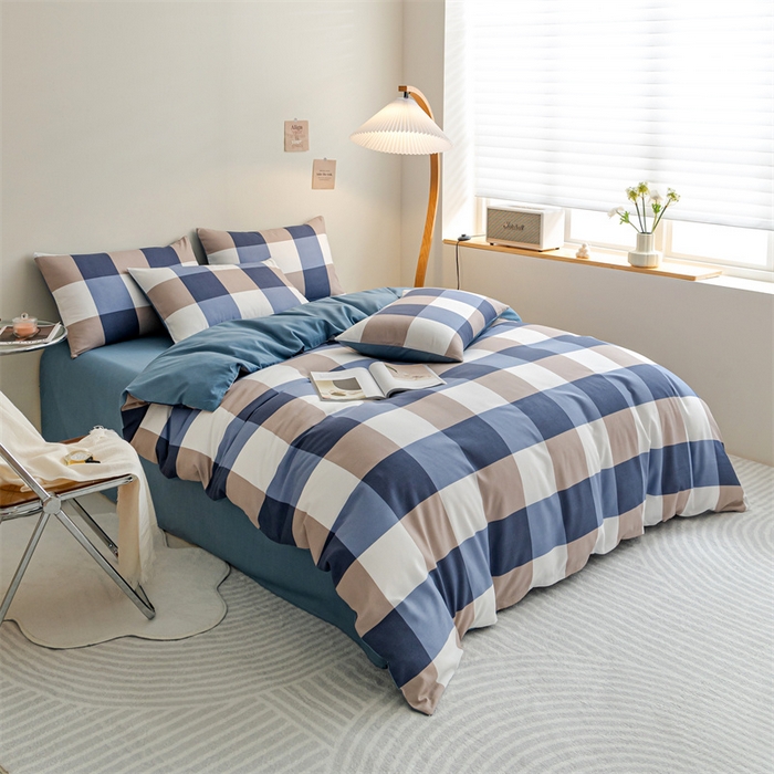 91家纺网 家纺一手货源 找家纺 米瑞娜 2024新款无印风四件套格子条纹水洗棉四件套 蓝大格