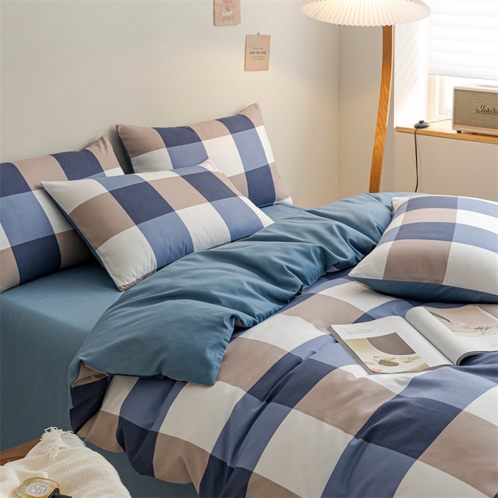 91家纺网 家纺一手货源 找家纺 米瑞娜 2024新款无印风四件套格子条纹水洗棉四件套 蓝大格