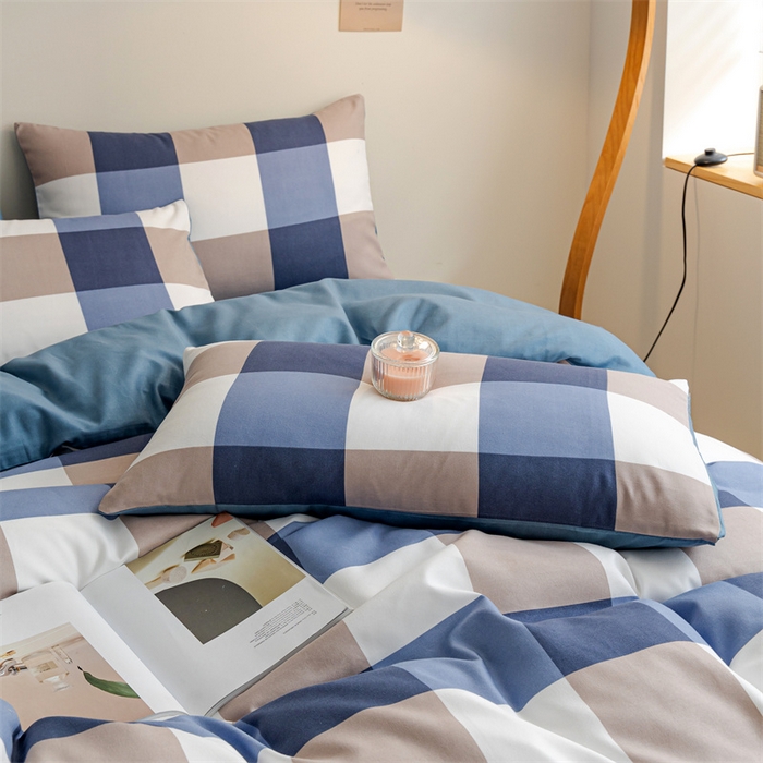 91家纺网 家纺一手货源 找家纺 米瑞娜 2024新款无印风四件套格子条纹水洗棉四件套 蓝大格