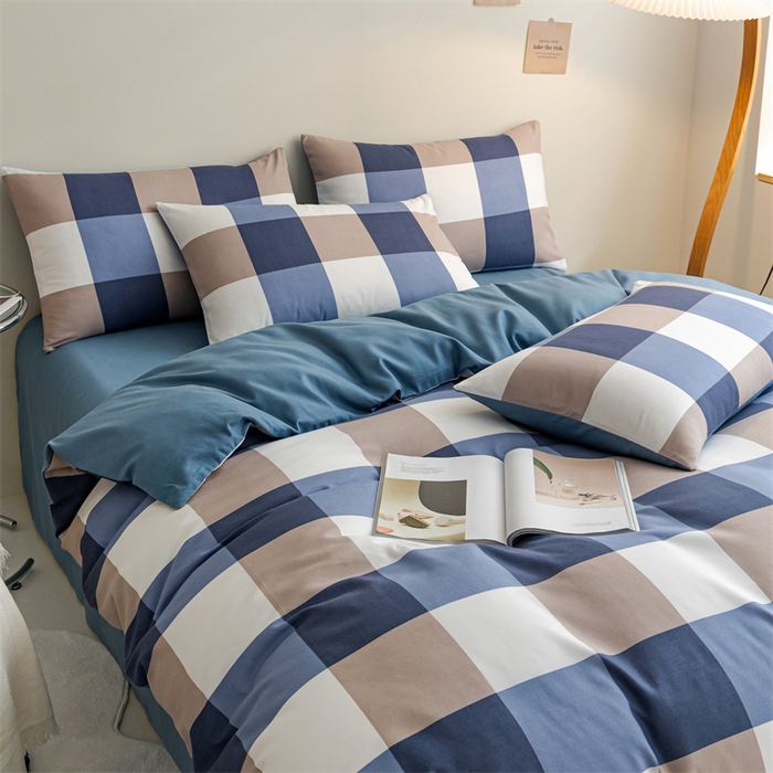 91家纺网 家纺一手货源 找家纺 米瑞娜 2024新款无印风四件套格子条纹水洗棉四件套 蓝大格