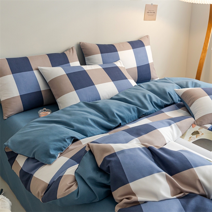 91家纺网 家纺一手货源 找家纺 米瑞娜 2024新款无印风四件套格子条纹水洗棉四件套 蓝大格