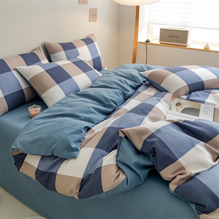 91家纺网 家纺一手货源 找家纺 米瑞娜 2024新款无印风四件套格子条纹水洗棉四件套 蓝大格