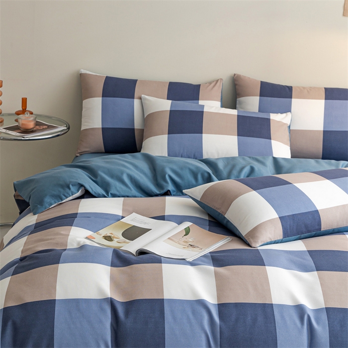 91家纺网 家纺一手货源 找家纺 米瑞娜 2024新款无印风四件套格子条纹水洗棉四件套 蓝大格