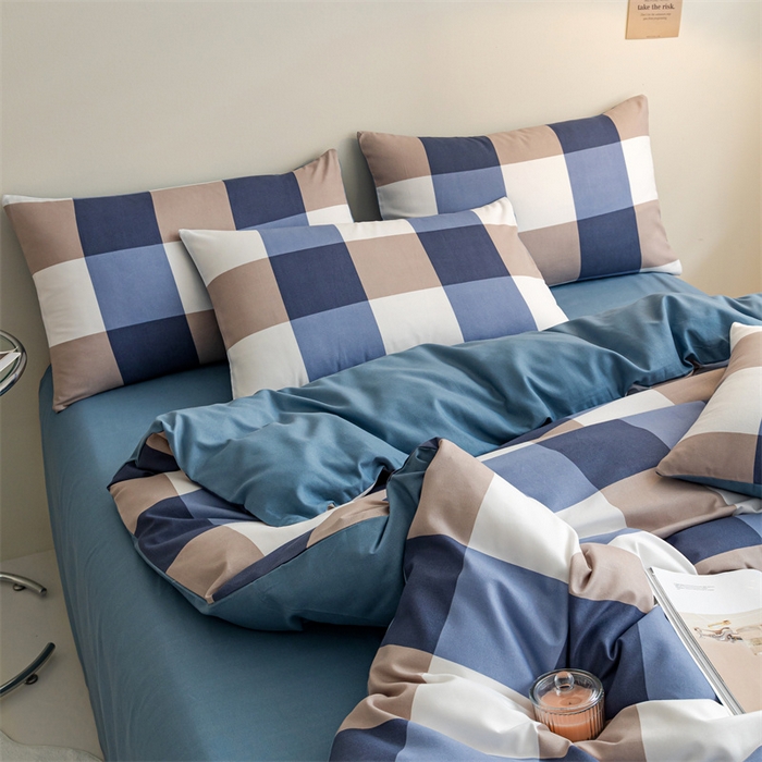 91家纺网 家纺一手货源 找家纺 米瑞娜 2024新款无印风四件套格子条纹水洗棉四件套 蓝大格