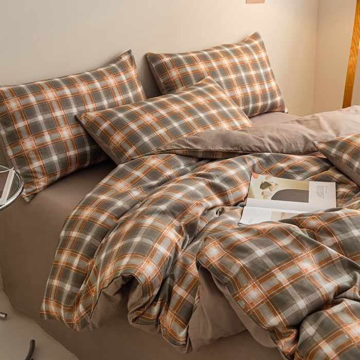 91家纺网 家纺一手货源 找家纺 米瑞娜 2024新款无印风四件套格子条纹水洗棉四件套 洛卡-咖