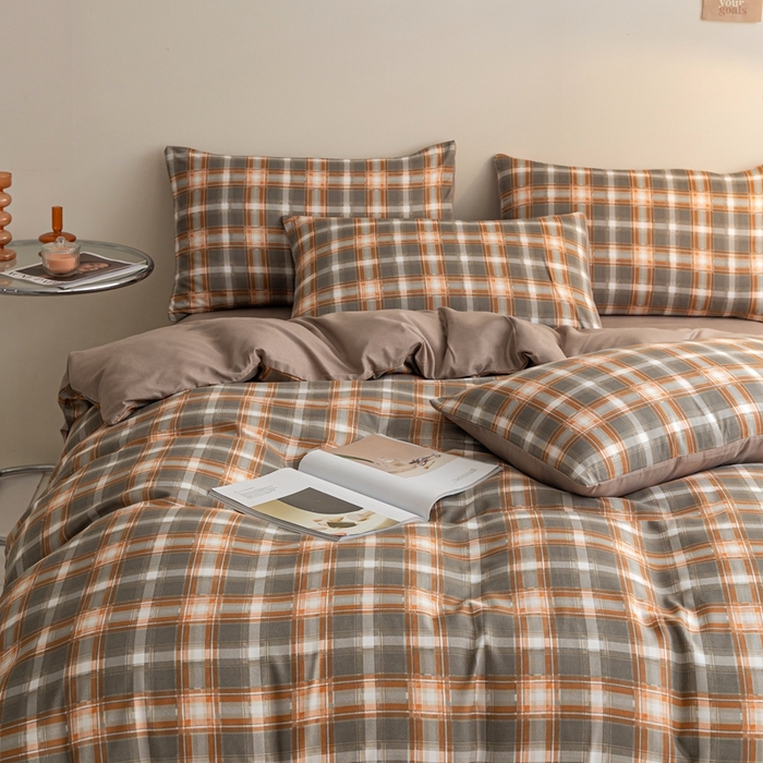 91家纺网 家纺一手货源 找家纺 米瑞娜 2024新款无印风四件套格子条纹水洗棉四件套 洛卡-咖