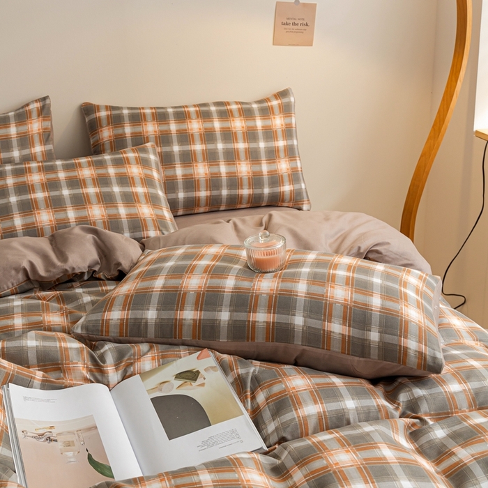 91家纺网 家纺一手货源 找家纺 米瑞娜 2024新款无印风四件套格子条纹水洗棉四件套 洛卡-咖