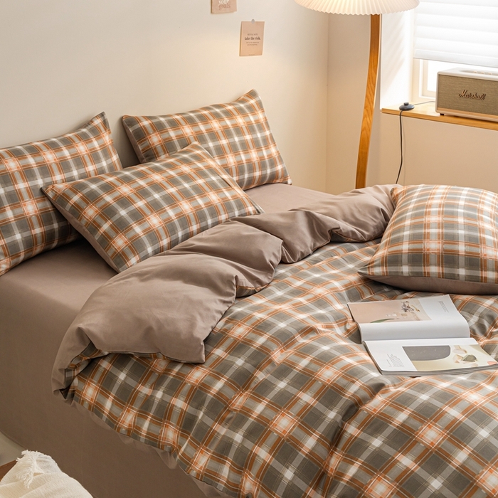 91家纺网 家纺一手货源 找家纺 米瑞娜 2024新款无印风四件套格子条纹水洗棉四件套 洛卡-咖