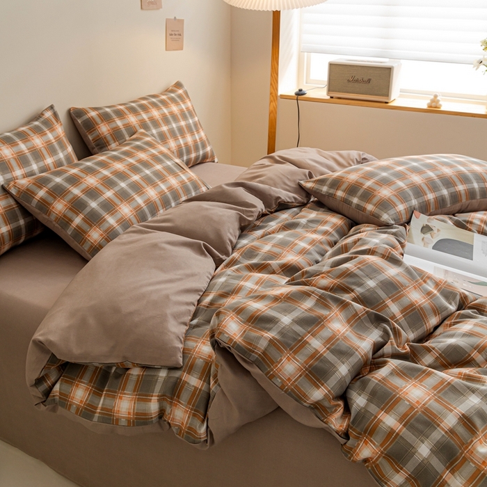 91家纺网 家纺一手货源 找家纺 米瑞娜 2024新款无印风四件套格子条纹水洗棉四件套 洛卡-咖