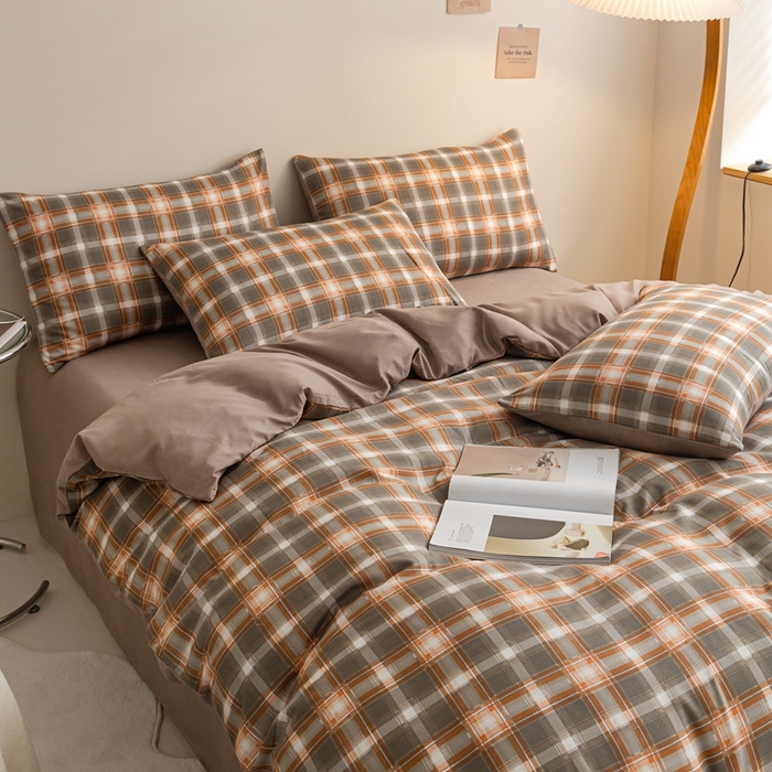 91家纺网 家纺一手货源 找家纺 米瑞娜 2024新款无印风四件套格子条纹水洗棉四件套 洛卡-咖