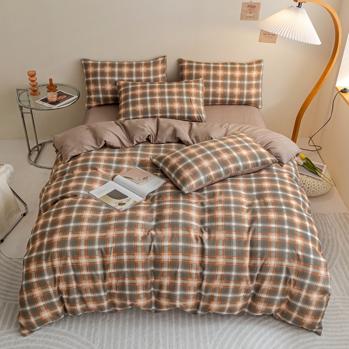 91家纺网 家纺一手货源 找家纺 米瑞娜 2024新款无印风四件套格子条纹水洗棉四件套 洛卡-咖