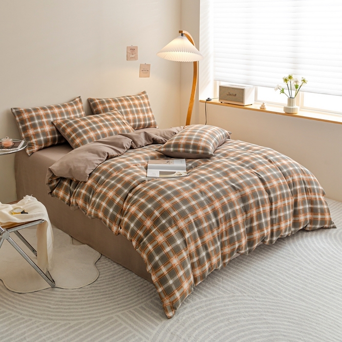 91家纺网 家纺一手货源 找家纺 米瑞娜 2024新款无印风四件套格子条纹水洗棉四件套 洛卡-咖