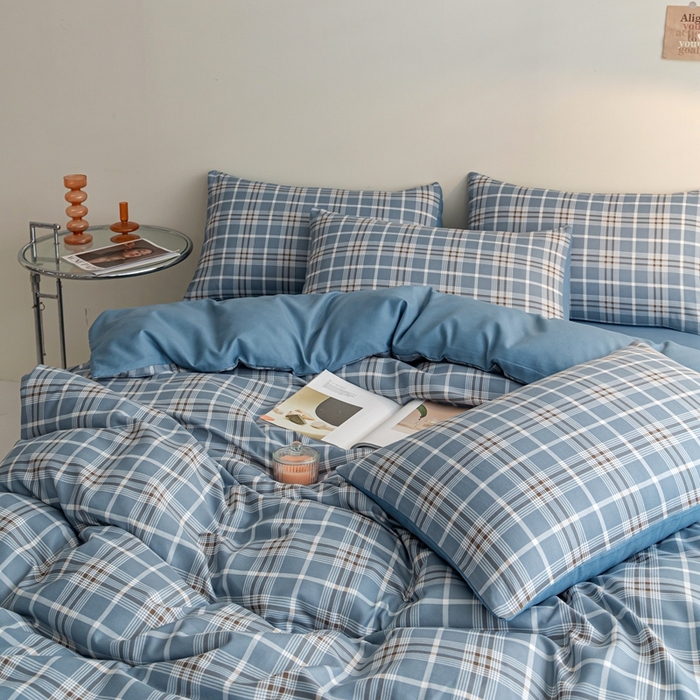 91家纺网 家纺一手货源 找家纺 米瑞娜 2024新款无印风四件套格子条纹水洗棉四件套 暖阳-蓝