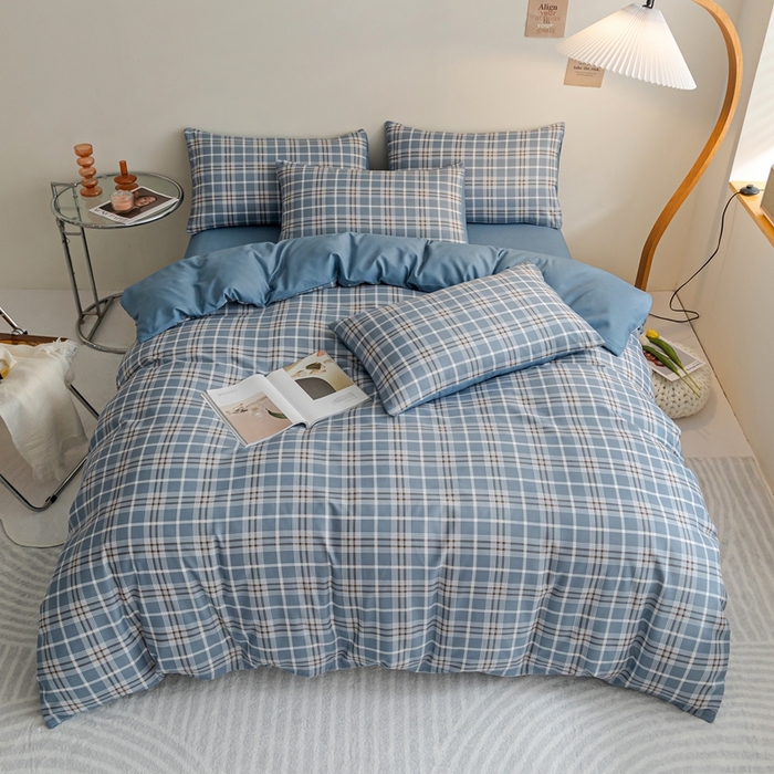 91家纺网 家纺一手货源 找家纺 米瑞娜 2024新款无印风四件套格子条纹水洗棉四件套 暖阳-蓝