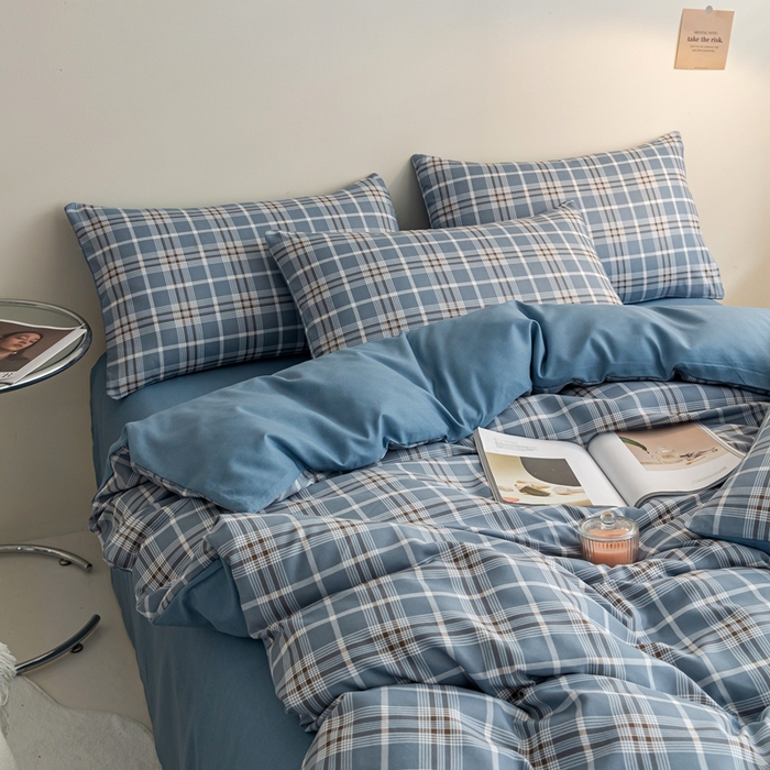 91家纺网 家纺一手货源 找家纺 米瑞娜 2024新款无印风四件套格子条纹水洗棉四件套 暖阳-蓝