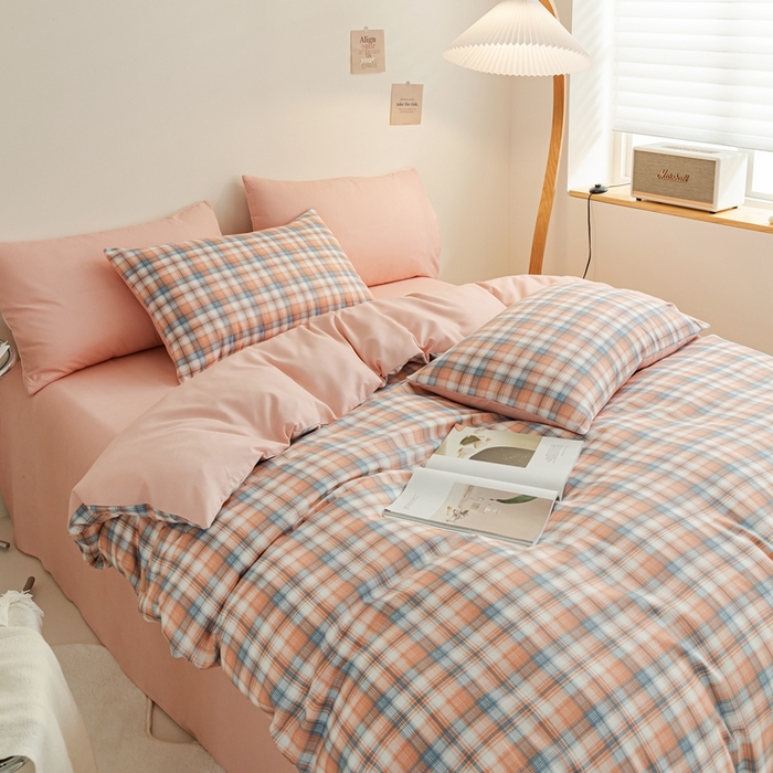 91家纺网 家纺一手货源 找家纺 米瑞娜 2024新款无印风四件套格子条纹水洗棉四件套 星空-桔